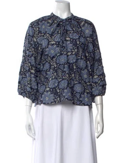 Pre-owned Apiece Apart Floral Print Tie Neck Blouse In Blue