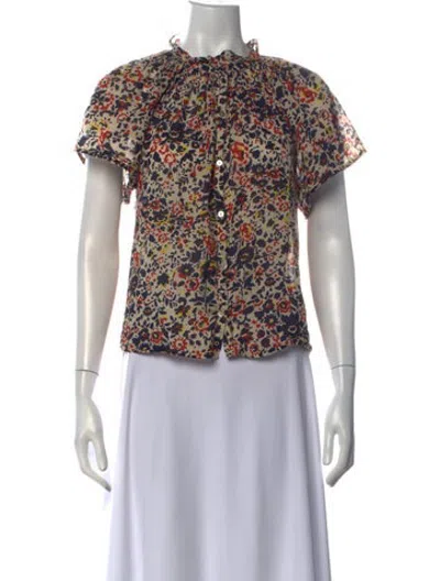 Pre-owned Apiece Apart Floral Print Tie Neck Blouse In Neutrals