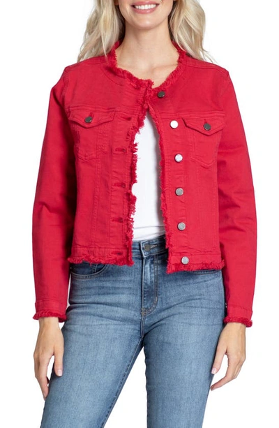 Apny Frayed Collarless Denim Jacket In Red