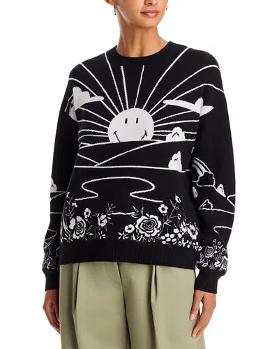 Aqua Smiley Sunset Landscape Crewneck Sweater- Exclusive In Black