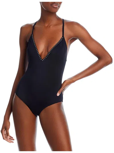 Aqua Womens Embellished Recycled Polyester One-piece Swimsuit In Black