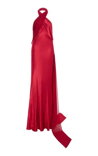 Arcina Ori Reverie Satin Maxi Halter Dress In Red