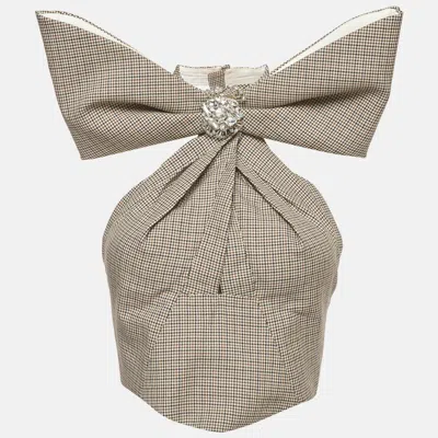 Pre-owned Area Brown Houndstooth Wool Crystal Embellished Bow Halter Top S
