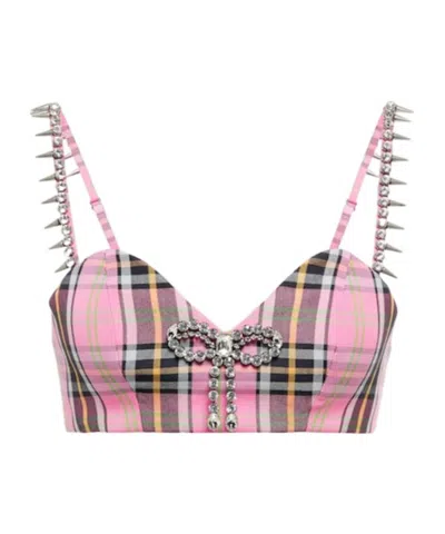 Area Embellished Cropped Plaid Corset Top In Pink