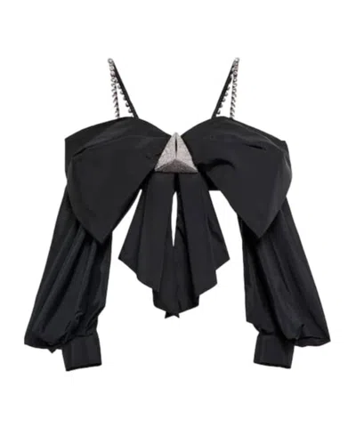 Area Embellished Off-shoulder Taffeta Top In Blue