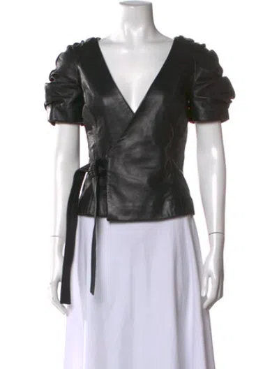 Pre-owned Area Leather V-neck Top In Black
