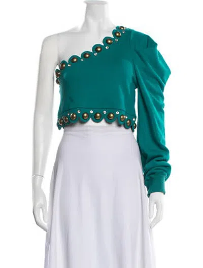 Pre-owned Area One-shoulder Long Sleeve Crop Top In Green