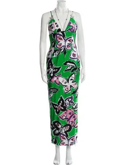 Pre-owned Area Printed Long Dress In Green