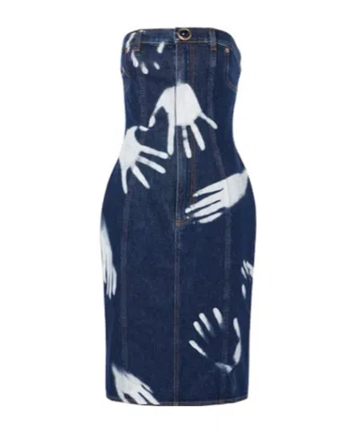 Area Printed Strapless Denim Midi Dress In Blue
