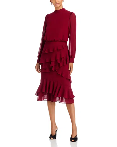 Area Stars Evelyn Ruffled Mock Neck Midi Dress In Red