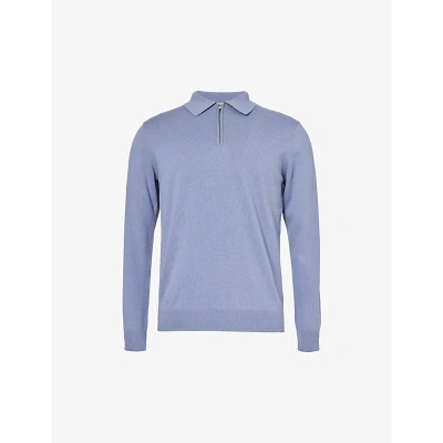 Arne Mens Silk Blue Long-sleeved Zip-up Cotton Polo Shirt