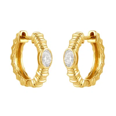 Artisan Women's Gold / White 14k Yellow Gold Marquise Diamond Ribbed Huggie Earrings