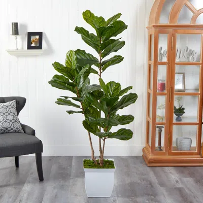 Ashley 5.5' Fiddle Leaf Artificial Tree In White Metal Planter Uv Resistant (indoor/outdoor) In Green