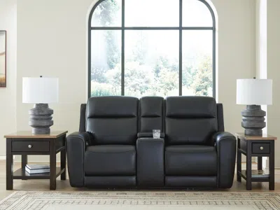 Ashley 5z-relaxation Dual Power Leather Reclining Loveseat With Console In Onyx