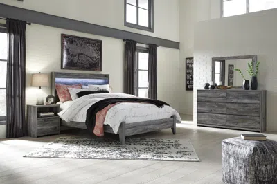 Ashley Baystorm Queen Panel Bed With Mirrored Dresser And Nightstand In Gray