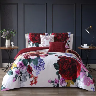 Ashley Bebejan Sangria Blooms 100% Cotton 5 Piece King Size Reversible Comforter Set In Red