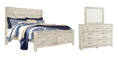 Ashley Bellaby King Crossbuck Panel Bed With Mirrored Dresser In Whitewash