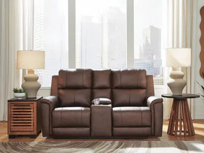 Ashley Beryton Dual Power Leather Reclining Loveseat With Console Leather In Espresso