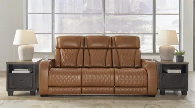 Ashley Boyington Dual Power Leather Reclining Sofa Leather In Caramel