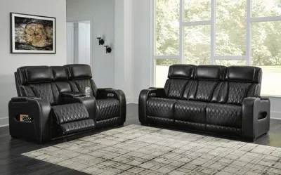 Ashley Boyington Triple Power Leather Reclining Sofa And Loveseat Set In Black