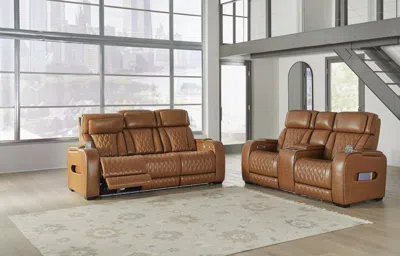 Ashley Boyington Triple Power Leather Reclining Sofa And Loveseat Set In Caramel