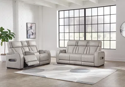 Ashley Boyington Triple Power Leather Reclining Sofa And Loveseat Set In Gray