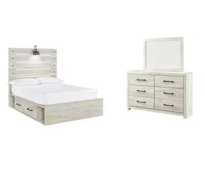 Ashley Cambeck Full Panel Bed With 2 Storage Drawers Mirrored Dresser In Whitewash