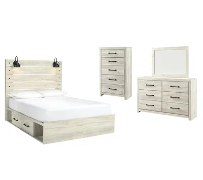 Ashley Cambeck Queen Panel Bed With 2 Storage Drawers Mirrored Dresser And Chest In Whitewash