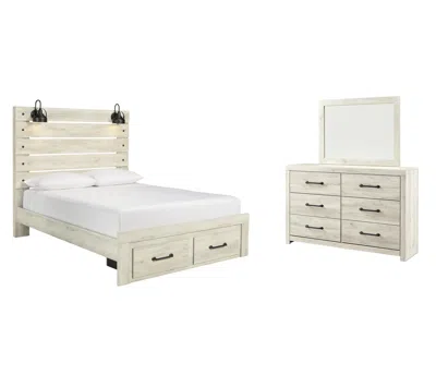 Ashley Cambeck Queen Panel Bed With 2 Storage Drawers Mirrored Dresser In Whitewash