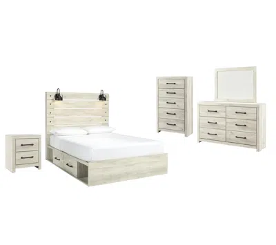 Ashley Cambeck Queen Panel Bed With 2 Storage Drawers Mirrored Dresser In Whitewash