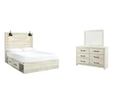 Ashley Cambeck Queen Panel Bed With 2 Storage Drawers Mirrored Dresser In Whitewash