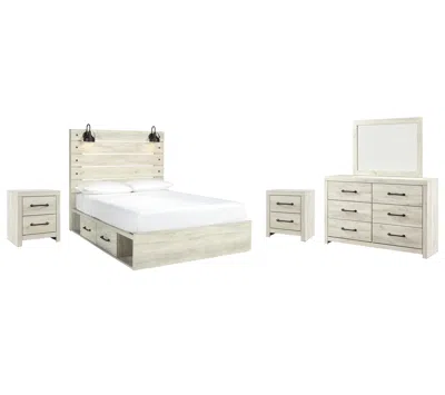 Ashley Cambeck Queen Panel Bed With 4 Storage Drawers Mirrored Dresser And 2 Nightstands In Whitewash