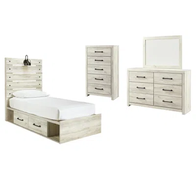Ashley Cambeck Twin Panel Bed With 2 Storage Drawers Mirrored Dresser And Chest In Whitewash