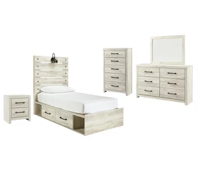 Ashley Cambeck Twin Panel Bed With 2 Storage Drawers Mirrored Dresser In Whitewash