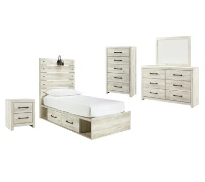 Ashley Cambeck Twin Panel Bed With 4 Storage Drawers Mirrored Dresser In Whitewash