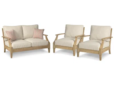 Ashley Clare View Outdoor Loveseat With 2 Lounge Chairs In Beige