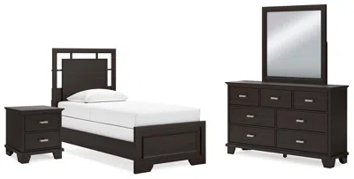 Ashley Covetown Twin Panel Bed With Mirrored Dresser And Nightstand In Dark Brown
