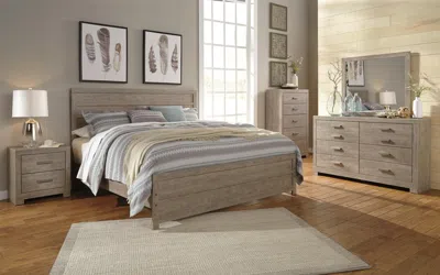 Ashley Culverbach King Panel Bed With Mirrored Dresser And Chest In Gray