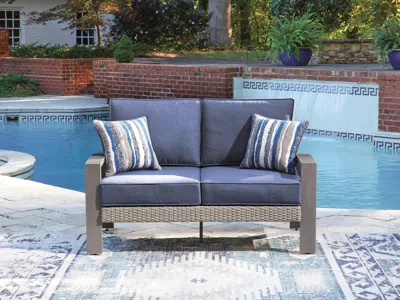 Ashley Dillon Beach Outdoor Loveseat With Cushion In Blue/gray