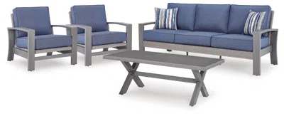 Ashley Dillon Beach Outdoor Sofa And 2 Chairs With Coffee Table In Blue/gray