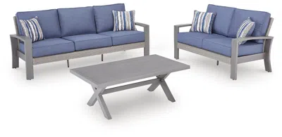 Ashley Dillon Beach Outdoor Sofa And Loveseat With Coffee Table In Blue/gray