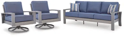 Ashley Dillon Beach Outdoor Sofa With 2 Lounge Chairs In Blue/gray