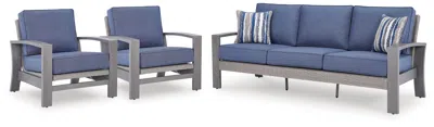 Ashley Dillon Beach Outdoor Sofa With 2 Lounge Chairs In Blue/gray