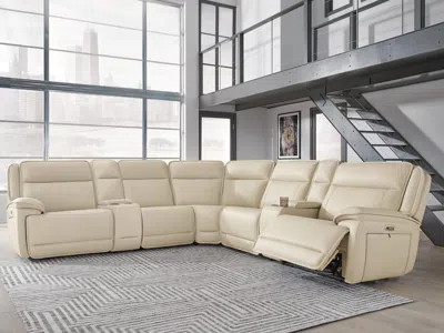 Ashley Double Deal 7-piece Dual Power Leather Reclining Modular Sectional With Consoles In Almond