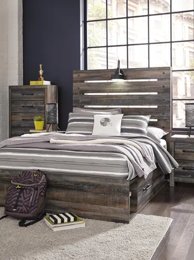 Ashley Drystan Full Panel Bed With 4 Storage Drawers And Cubbies In Multi