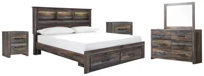 Ashley Drystan King Bookcase Bed With 2 Storage Drawers Mirrored Dresser And Nightstands In Multi