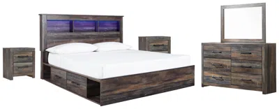 Ashley Drystan King Bookcase Bed With 2 Storage Drawers Mirrored Dresser And Nightstands In Multi