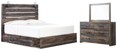 Ashley Drystan King Panel Bed With 4 Storage Drawers Mirrored Dresser In Multi