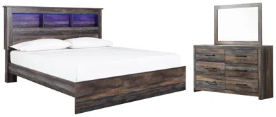 Ashley Drystan King Panel Bookcase Bed With Mirrored Dresser In Multi