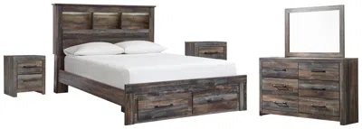 Ashley Drystan Queen Bookcase Bed With 2 Storage Drawers Mirrored Dresser And Nightstands In Multi